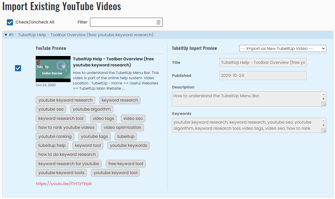 Importing legacy videos from YouTube