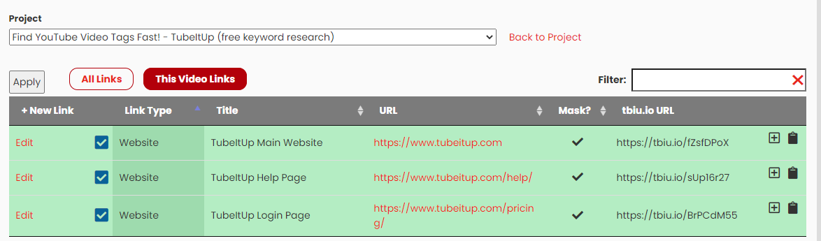 TubeItUp LInks - Select Project